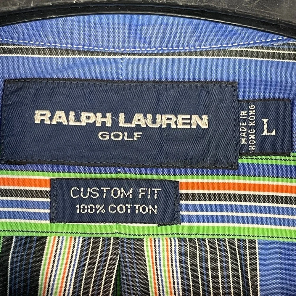 VTG Ralph Lauren Golf Polo Cotton Long Sleeve Button Down‎ Mens L Striped Blue